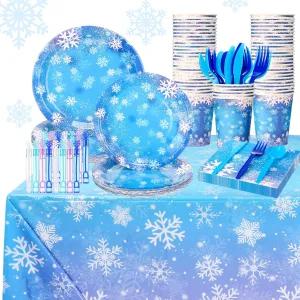 페로셰프 226개 눈송이 파티 용품 키트 25명의 손님 테마 생일 버블 완드 일회용 저녁 접시 컵 냅킨 식탁보