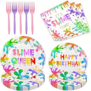 80개 슬라임 생일 파티 장식 - 다채로운 스플래시 테마 소녀 6th 위한 페이팅 퀸 종이 접시 냅킨 식기 키트