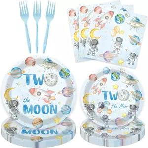 80개의 우주 2번째 생일 파티 용품 두 개의 달 접시 냅킨 포크 식기 키트 테마 소년 장식-20명의 손님
