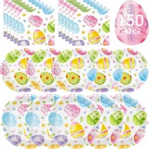 해피 부활절 접시 150팩과 냅킨 세트 - 일회용 스프링 종이 식기 파티 용품 테이블 장식용 수채화 달걀