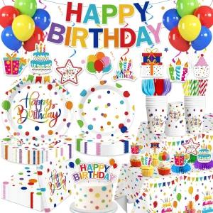 Xynic 214 PCS 컬러풀한 생일 축하 장식 배너 케이크 토퍼 접시 냅킨이 포함된 도트 파티 용품 소년