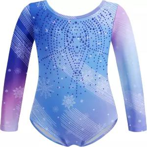 자클로터 키드 걸스 체조 레오타드 긴 소매 색상 그라데이션 반짝이는 발레 댄스 원피스 의상