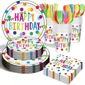 생일 접시 냅킨 파티 용품 - 175개 축하 종이 및 세트 일회용 점 식기 소년 소녀 장식용 25인분 제공