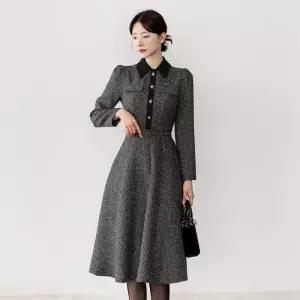 (~XXL까지) 언자누 카라 핀턱 숄더 벨티드 트위드 원피스 겨울 하객룩 오피스룩 격식룩 모임룩 데이트룩