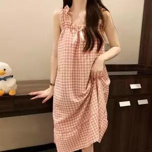 [하프클럽/]파자마 여름잠옷 원피스잠옷 원피스 캡 여성 체크리본 잠옷