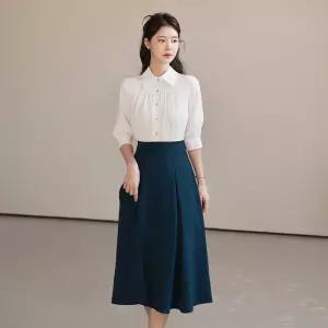 (~XXL까지) 바이샤 셔링 배색 리본장식 플레어 원피스 봄 가을 오피스 하객룩 데이트 모임 미시 빅사이즈