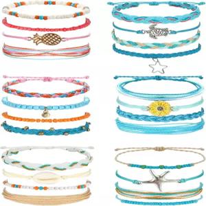 LOLIAS 24피스 여성용 방수 끈 팔찌 서퍼 웨이브 보호 조절 가능한 핸드메이드 우정 오션 비치 발찌