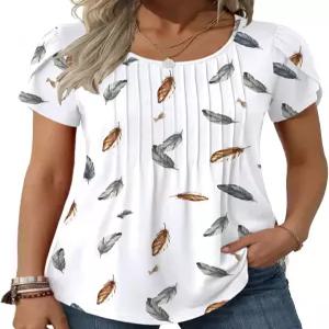 지아구 여성 탑 꽃잎 반팔 여름 캐주얼 크루넥 셔츠 플로럴 솔리드 블라우스 플리츠 튜닉스