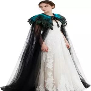 L VOW 여성용 고딕 깃털 망토 털 칼라 뱀파이어 마녀 코스프레 의상