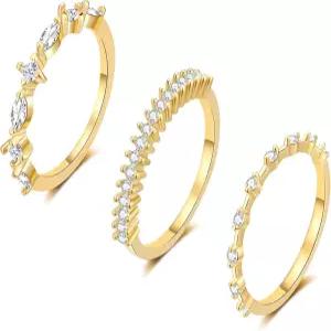 여성용 FUNEIA 스태커블 실버 골드 반지 14K 도금 엄지 큐빅 지르코니아 앙증맞은 핑키 프로미스 웨딩 세트