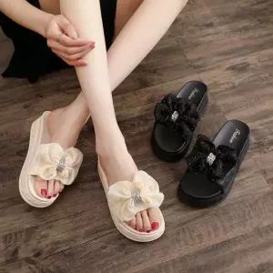 여름 외출 사무실 블링 쉬폰 리본 큐빅 통굽 슬리퍼