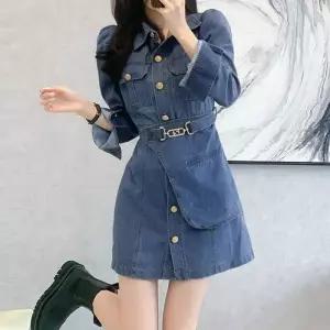 원피스 데님 미디 여친 럭셔리정장 움 시크 벨트 긴팔 청스커트 원템5