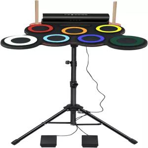 드럼 스탠드 조절 가능한 전자 세트 헤드폰 잭 내장 스피커 페달 스틱이 있는 연습 패드 미디 키트