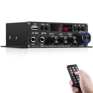 가정용 스테레오 오디오 앰프, AK-390 Bluetooth5.0 HiFi 미니 오디오 앰프 2.0 채널 RMS 40W X 2 오디오 구성 스피커 앰프(12V / 5A 어댑터 포함), FM 라디오, (BT, USB, AUX, 마이크) 입력