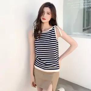 여성용 니트 이너 봄여름 뷔스티에 마 상의 민소매 아이스 스트라이프 패션 니트조끼 슬림 CH2