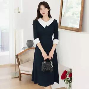 ~XXL까지 댈러스 플랫 언발카라 배색 커프스 플레어 원피스 봄,가을 하객룩 오피스룩 격식룩 데이트룩12146