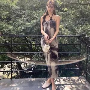 여자캐주얼원피스 그레이 마블링 여성 끈나시 롱 원피스 여름 휴양지