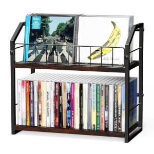 파파기프트리 2단 CD 홀더, 디스플레이용 CD 보관 선반, 디스페이 상단 선반이 있는 CD 정리함, 홈 오피스용 프리미엄 CD 랙, 최대 60 스탠다드, 음악 애호가에게 이상적임 (브라운)