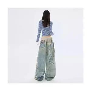 엘럽 여자 배기핏 청바지 빈티지 진주 체인 프린트 배기 슬림핏 슬리퍼 바지 원템1