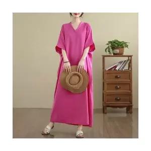 몰도 여자 여름 원피스 솔리드 바캉스룩 여행 브이넥 빈티지 롱스커트 면 린넨 젠2