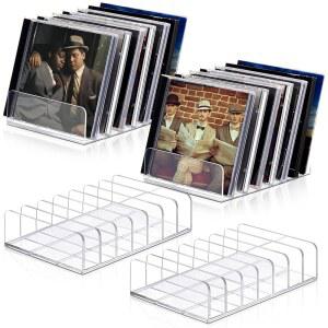 쓰리허니 4팩 투명 아크릴 CD 홀더, DVD/CD 보관함 레코드 디스플레이 랙 정리함, 미디어 선반 보관 및 정리를 위한 최대 14개의 표준 DVD 케이스 보관 가능