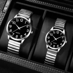 2PCS 커플 쿼츠 시계 패션 크리 에이 티브 아랍어 숫자 라운드 다이얼 탄성 밴드 우아한 손목 연인을위한