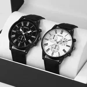 2PCS 세트 커플 패션 캐주얼 가죽 시계 간단한 다이얼 석영 손목 드레스 Montre Femme