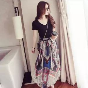 에스닉 패턴 반팔 롱원피스 슬림핏 여름 휴양지룩