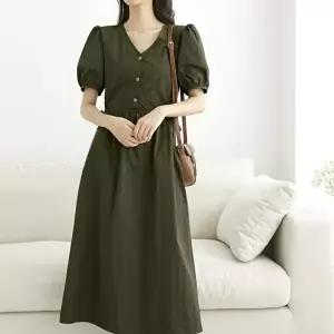 [옷자락][클리어런스]여름하객룩 바스락 퍼프 리본허리끈 그린 롱원피스_5