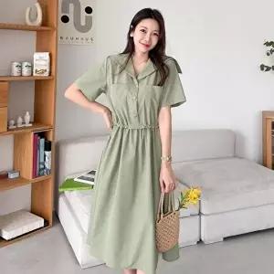 [옷자락][클리어런스]여름 세일러카라 스트링 포켓 버튼 그린 롱원피스_5