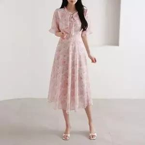 [옷자락][클리어런스]살랑 쉬폰 상견례 화사한 리본 프릴 반팔 원피스_5