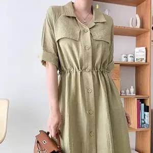 [옷자락][클리어런스]린넨원피스 롤업 퍼프 반팔 스트링 셔츠 롱원피스_5