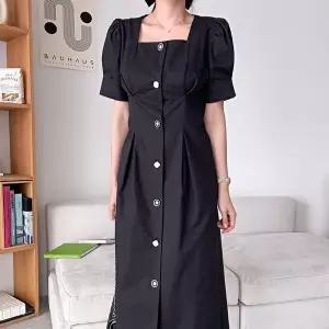 [옷자락][클리어런스]여름하객룩 스퀘어넥 블링단추 퍼프 검정 롱원피스_5