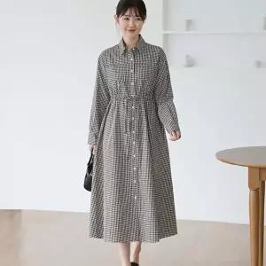[옷자락][클리어런스]순면 고방 깅엄 체크 긴팔셔츠핏 봄남방 원피스_5
