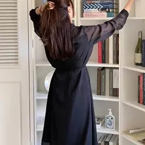 [옷자락][클리어런스]가을하객룩 쉬폰 스트랩 셔링 시스루 롱원피스_5