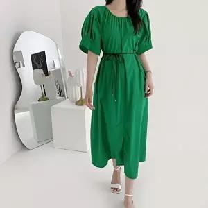 [옷자락][클리어런스]핀턱 퍼프 스트랩 박시 앞트임 라운드 롱원피스_5