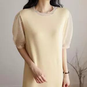 [옷자락][클리어런스]여름 고급 세련된 시어퍼프 반팔 쿨 원피스_5