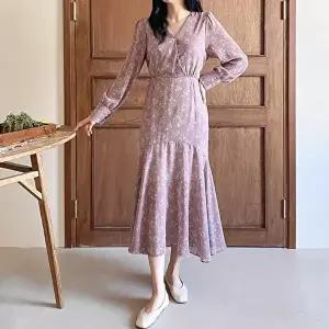 [옷자락][클리어런스]랩스타일 셔링 퍼프 꽃패턴 머메이드 롱원피스_5