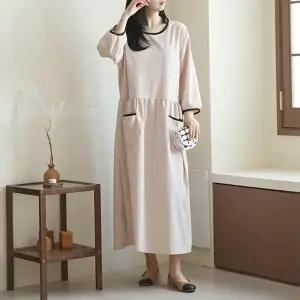 [옷자락][클리어런스]봄원피스 배색 라운드 포켓 퍼프 무지 롱원피스_5