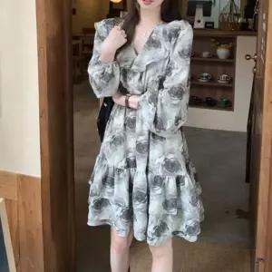 여성 여름 러플 카라 밴딩 빅플라워 쉬폰 미니 원피스