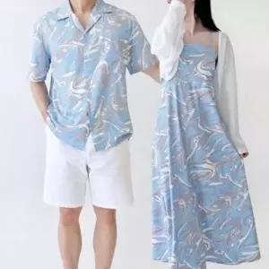 남성 여성 커플룩 여름 바캉스 롱 원피스 셔츠 세트
