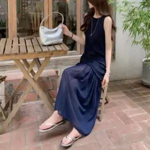 여성 여름 민소매 프릴 레이스 시스루 나시 롱 원피스