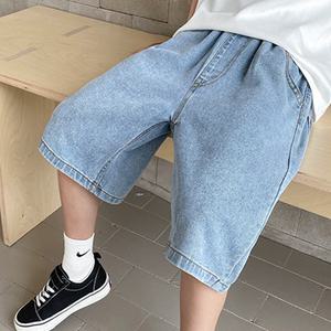 데님라벨5부 와이드 초등 남아 주니어 여아 스판 청반바지 주니어 팬츠 반바지 헤짐팬츠 바캉스