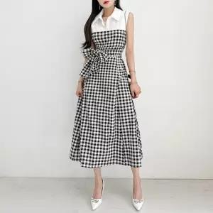 금찌 체크 배색 롱원피스 ST7659D