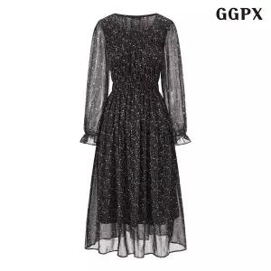 [GGPX]플라워 라운드넥 시스루 셔링 롱 원피스 (GQAOW003D)