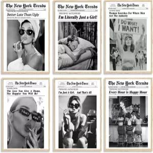 오드리 헵번 신문지 월 아트 페미니즘 캔버스 장식 6피스 세트 매시간 해피 아워 빈티지 흑백 소녀 포스터