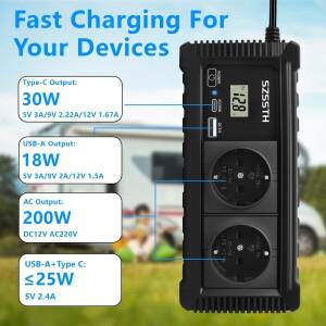 12V에서 220V로 변환 200W 다기능 LCD 디스플레이 소켓 전원 인버터 차량용 어댑터 USB-A 타입-C EU 플러그