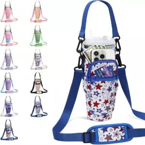 40온스 텀블러용 휴대폰 포켓이 있는 DLOCCOLD 물병 캐리어 가방 조절 가능한 어깨 및 휴대용 스트랩이