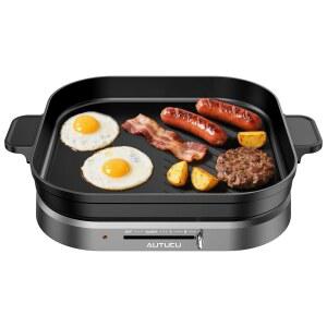 AUTUCU T2NA 2-in-1 전기 그리들 논스틱 플랫 그릴, PFOA 프리 세라믹 코팅 표면 | 청소하기 쉬운 1200W, 정사각형 11.3인치( 집게 포함)