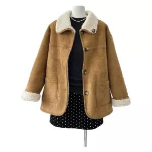 머스타드 옐로우 무스탕 오버핏 여성 양모자켓 페이크 양털자켓 하프